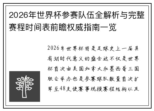 2026年世界杯参赛队伍全解析与完整赛程时间表前瞻权威指南一览