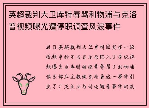 英超裁判大卫库特辱骂利物浦与克洛普视频曝光遭停职调查风波事件 英超裁判大卫库特辱骂利物浦与克洛普视频曝光遭停职调查风波事件