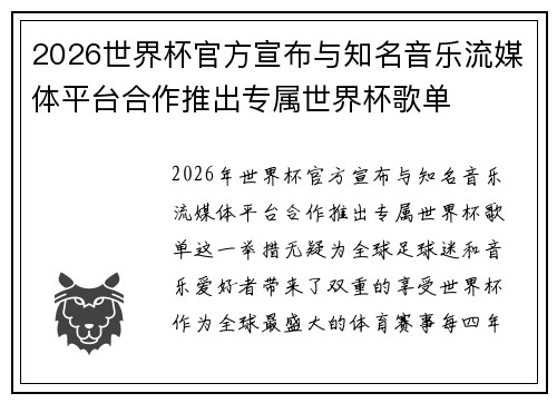 2026世界杯官方宣布与知名音乐流媒体平台合作推出专属世界杯歌单